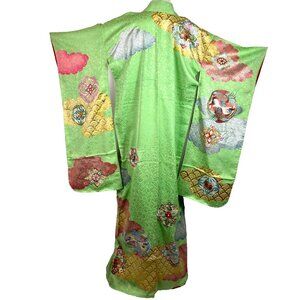 AMZ Womans Vintage Embroidered Bird Sakura Drama Sleeve Kimono Silk Japan